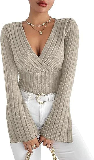 Ribbed V-Neck Slim-Fit Long Sleeve Top